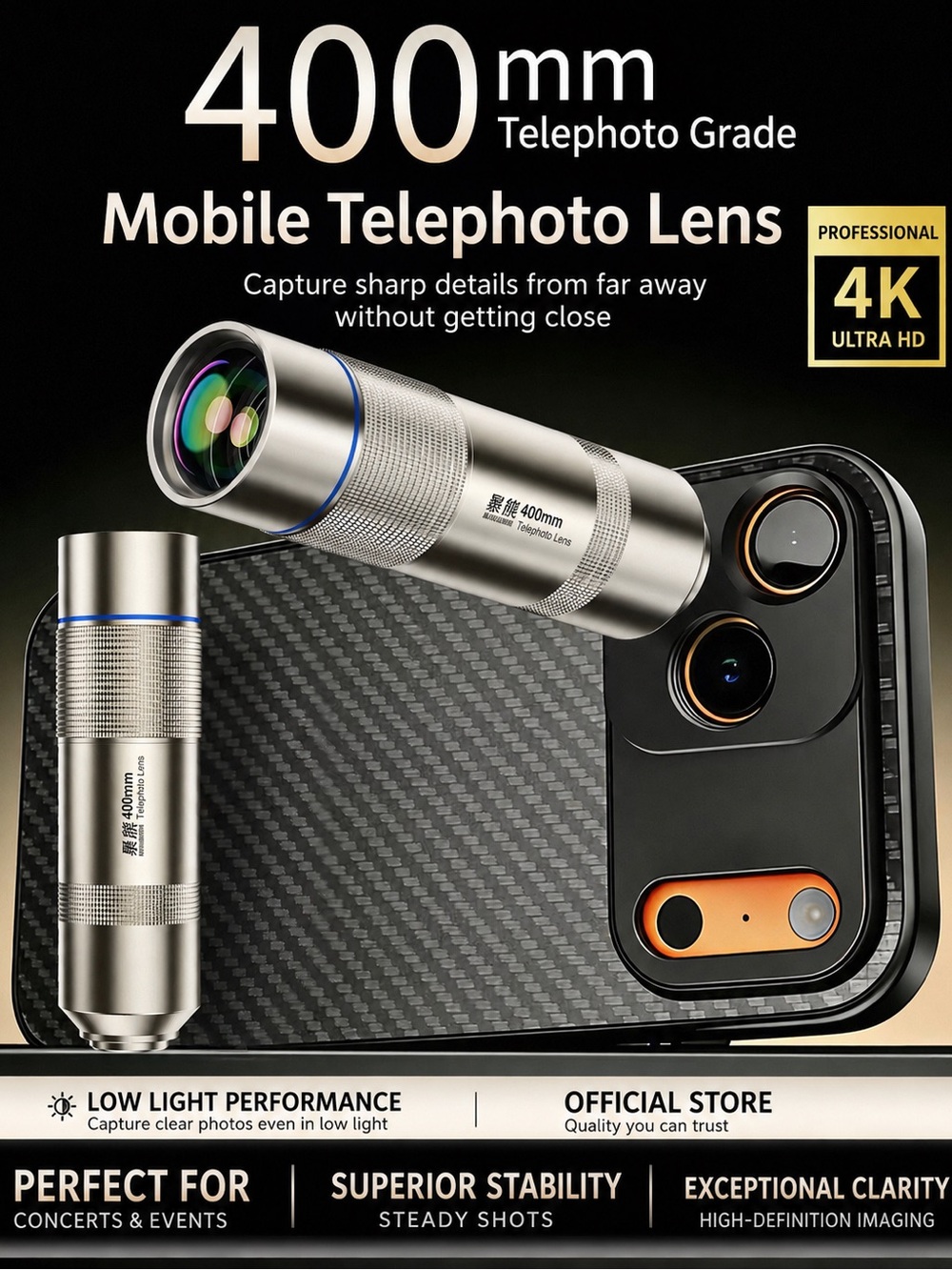 400mm Telephoto Lens Kit 17mm Thread for iPhone Android w/ Tripod & Clip